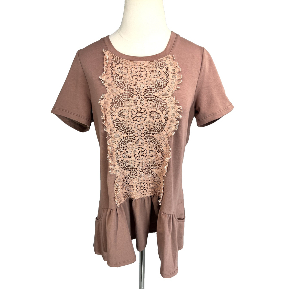 LOGO Lounge Shirt Top Mauve Pink Brown Crochet Lace Peplum Pockets Boho Medium